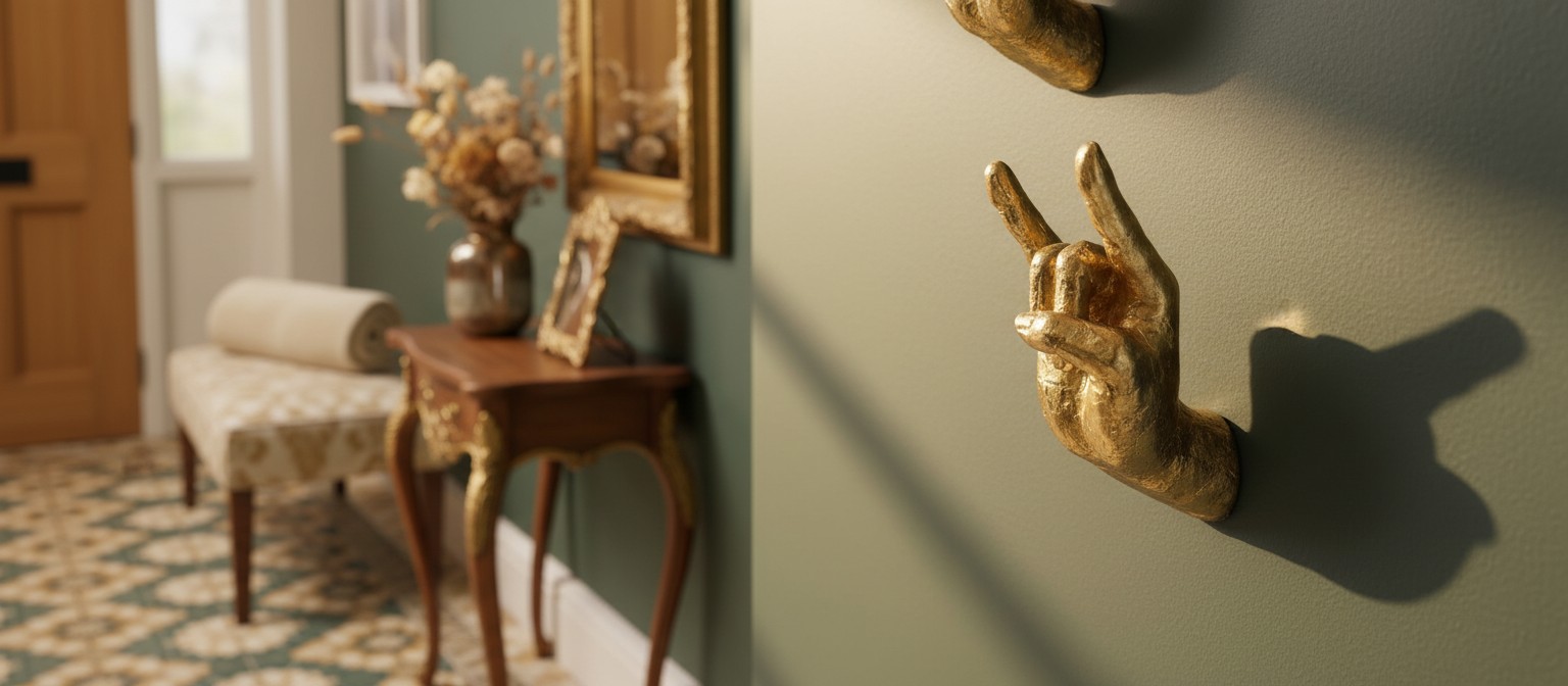 Gold hand wall hook in a hallway scene