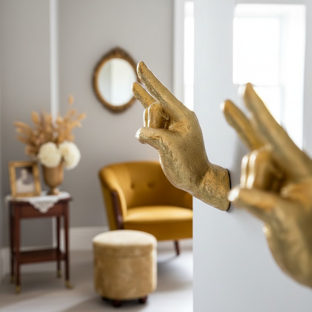 Gold hand hook in a living room view