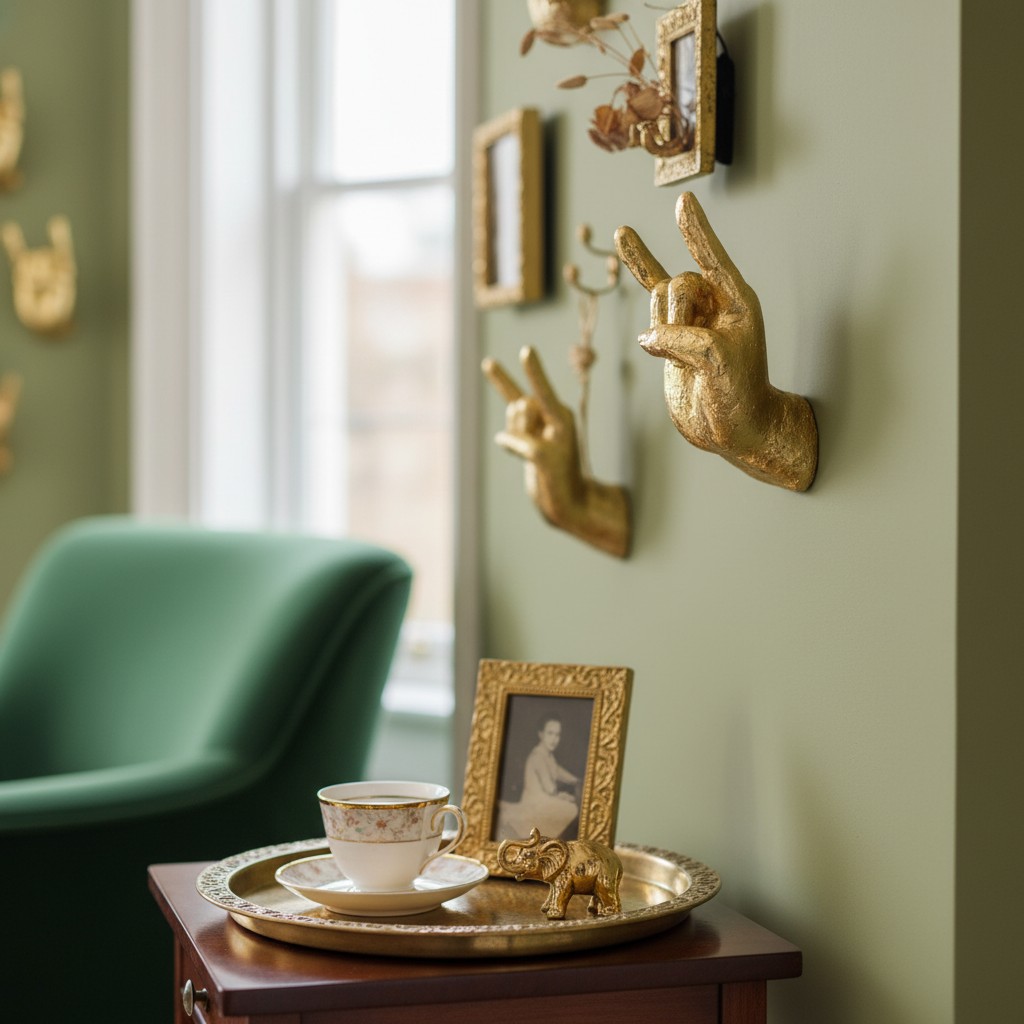Gold hand wall hooks above a side table