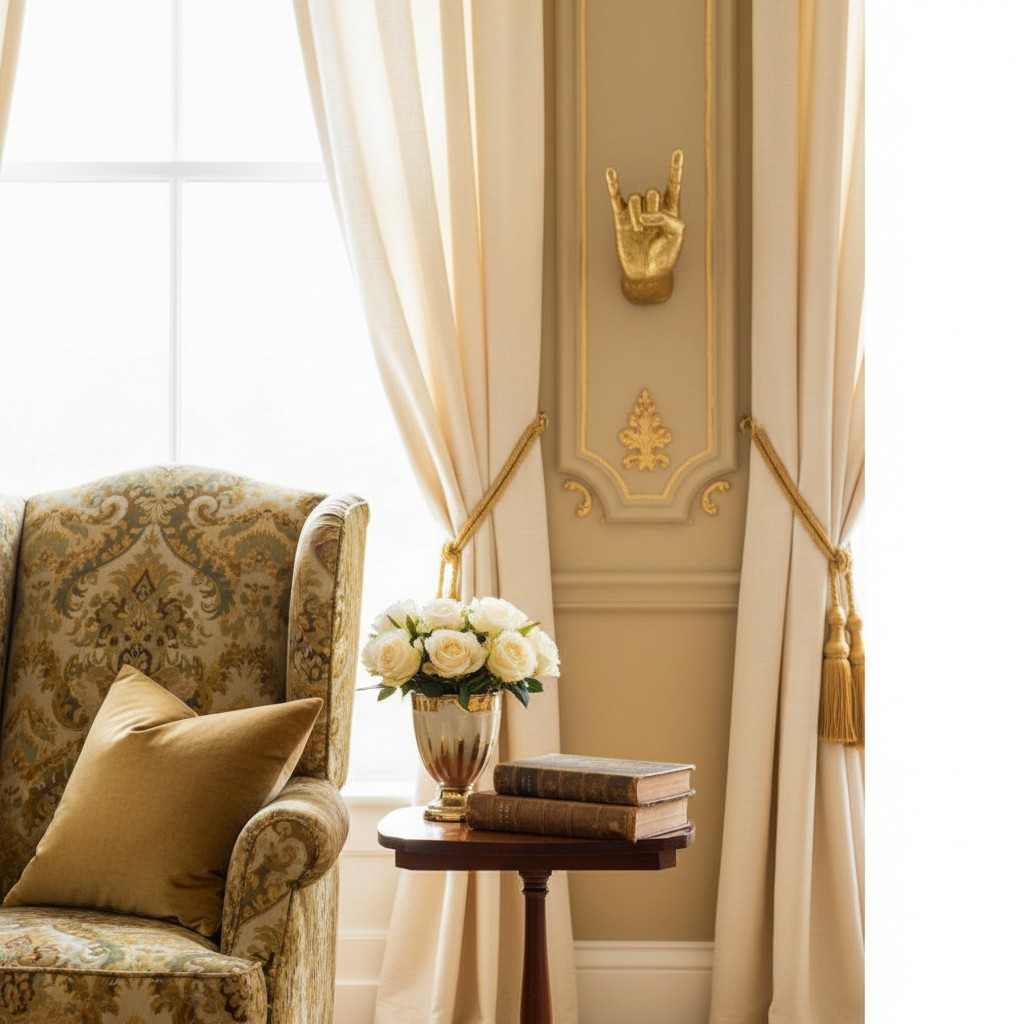 Set of gold wall hand hooks holding accessories