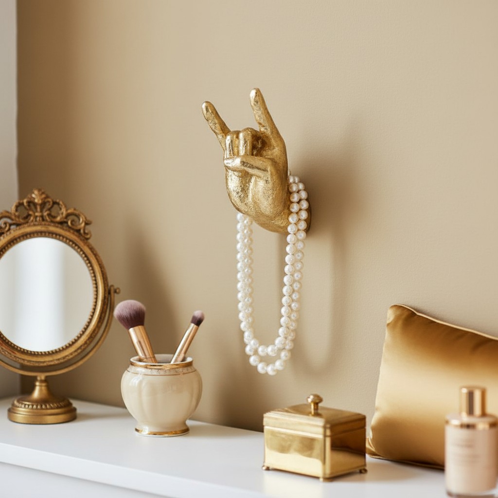 Gold hand wall hook holding pearls in a dressing area