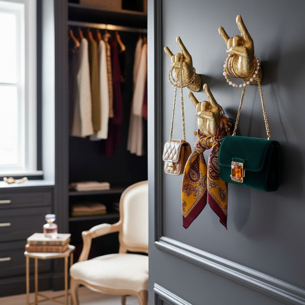 Gold rock hand wall hook on green wall