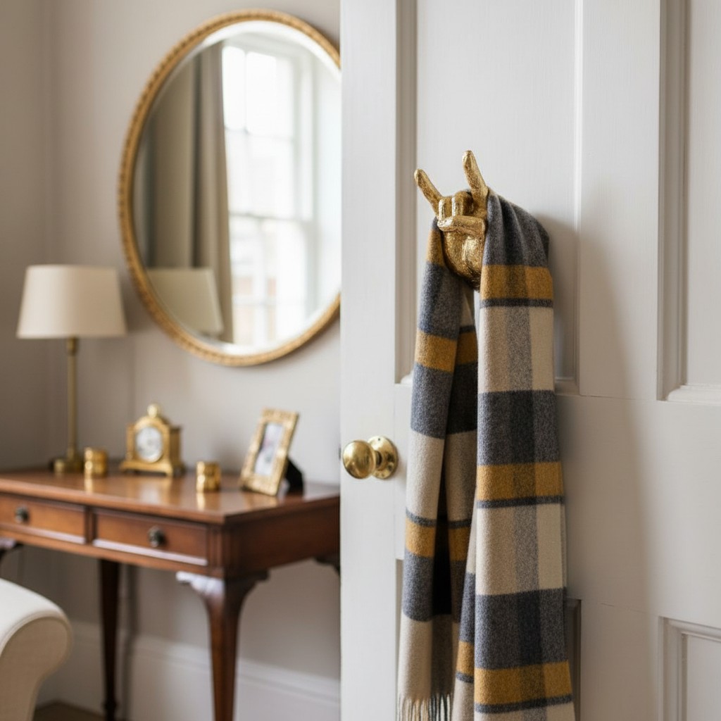 Gold rock hand wall hook in home decor setting