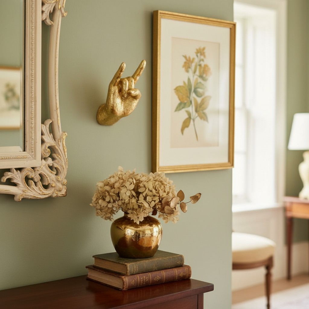 Gold rock hand wall hook above a console table
