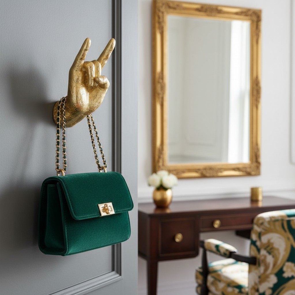 Gold wall hook holding a green bag