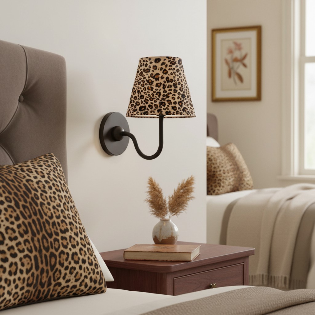 Leopard print wall lamp beside bed