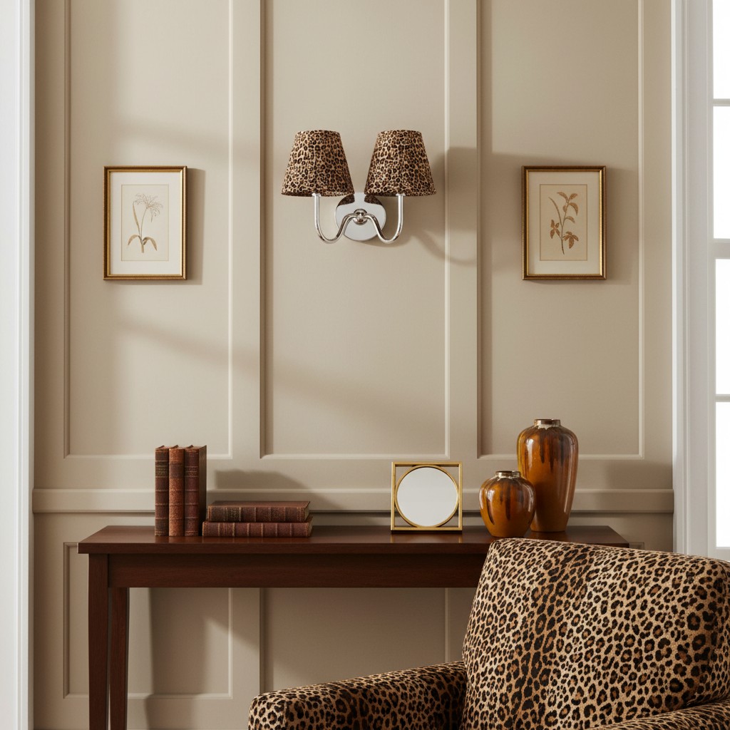 Double leopard print wall lamp above console table