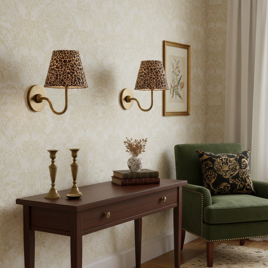 Leopard shade wall lamp with green chair