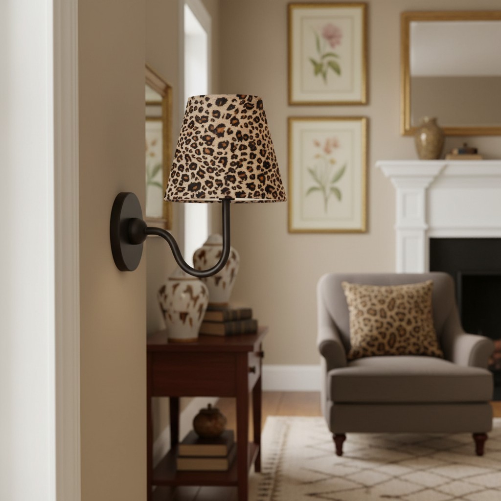 Leopard print wall lamps over console table