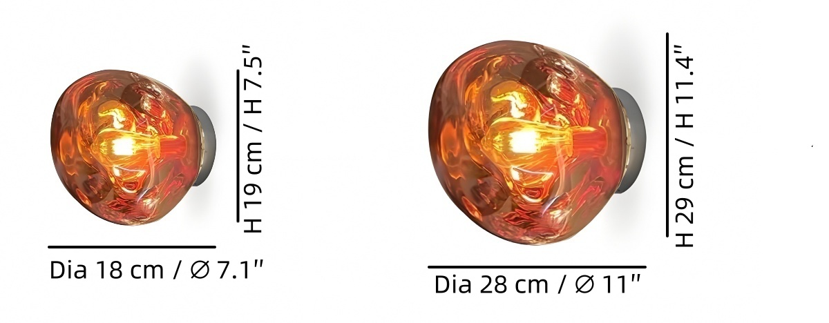 Fixture dimensions for two Lava Wall Lamp sizes