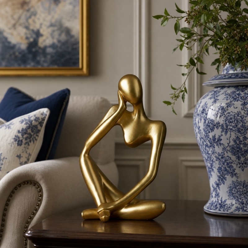 Gold human sculpture on a table