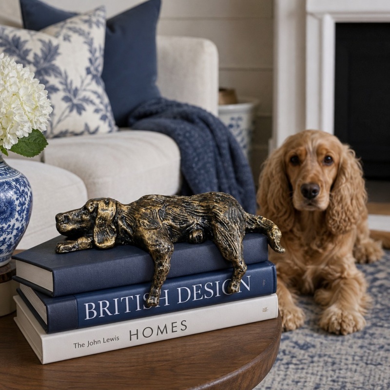 Lazy dog sculpture with books and dog