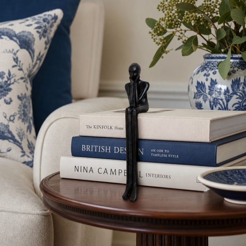 Black human figurine displayed beside a sofa