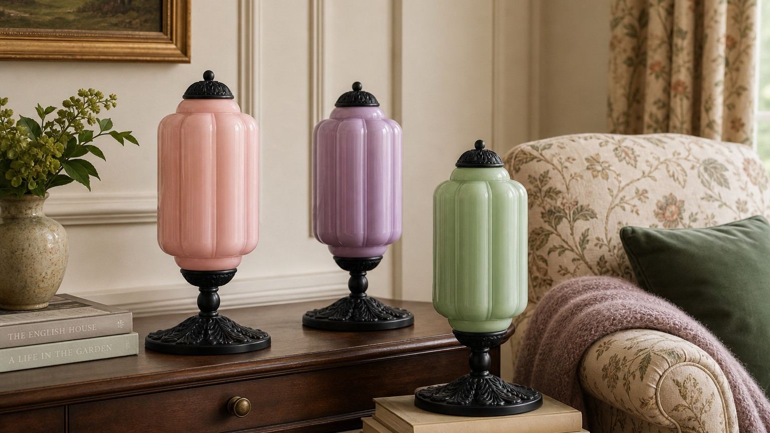 Eloise colored glass table lamps styled in a cozy interior