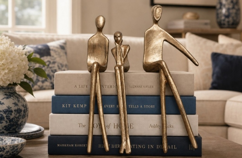 Bronze human figurines on stacked books