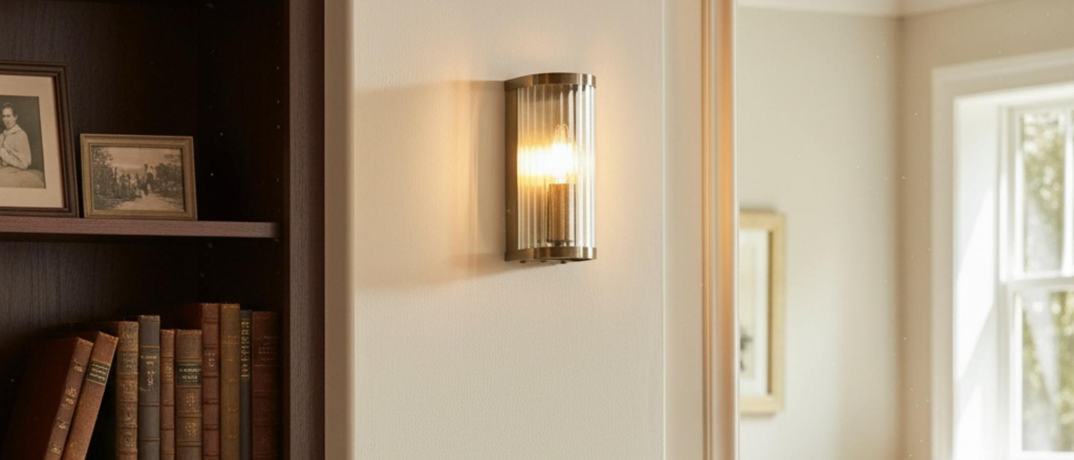 廊下のシーンに設置された RibGlow リブ付きガラス壁取り付け用燭台