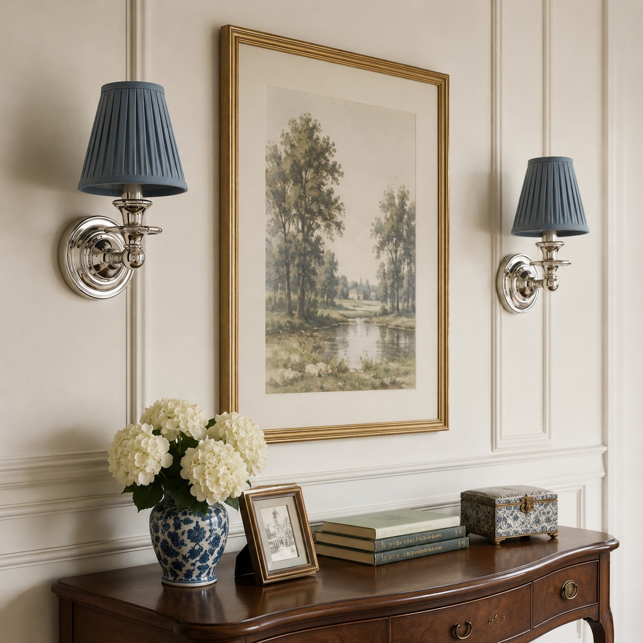Wall sconces above a console table