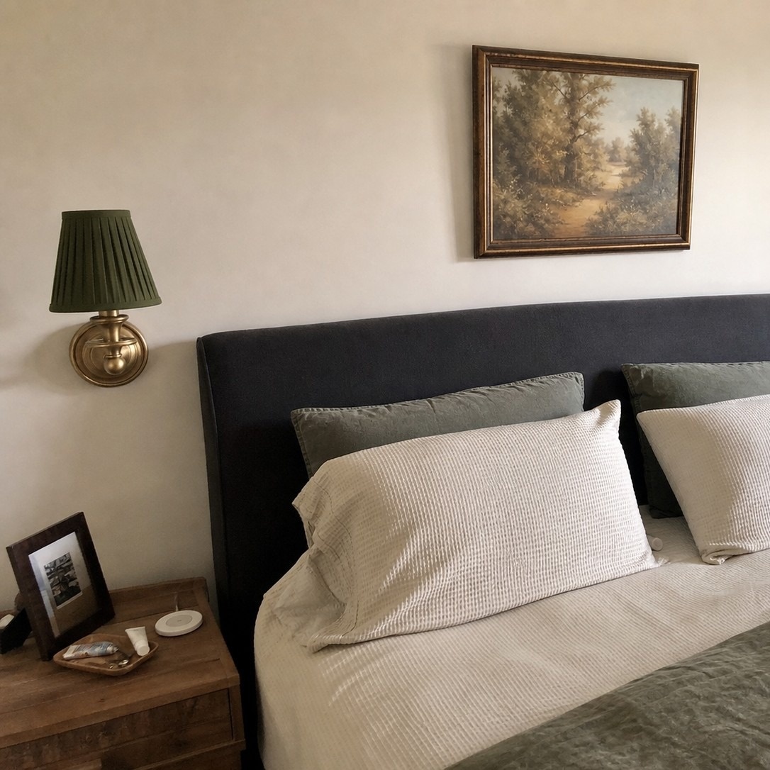 Customer review photo with wall sconce beside bed