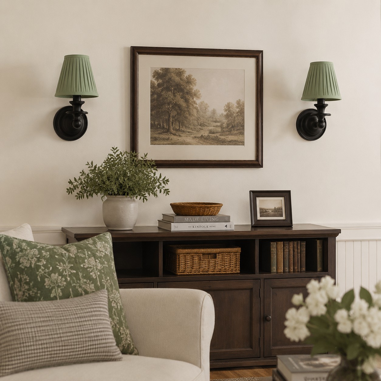 Wall sconces in lounge setting
