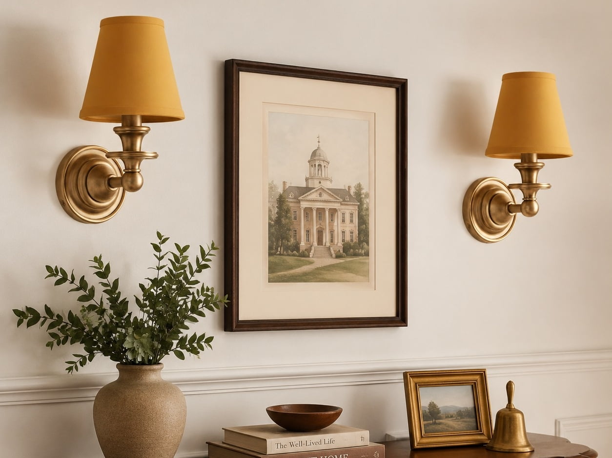 Wall sconces with mustard yellow shades in room setting