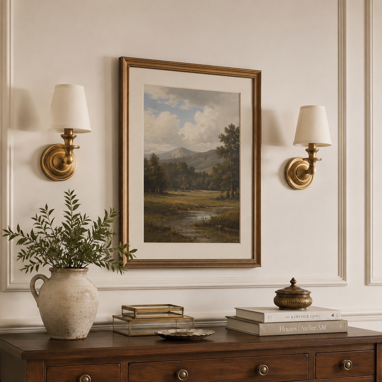 Pair of wall sconces around framed art