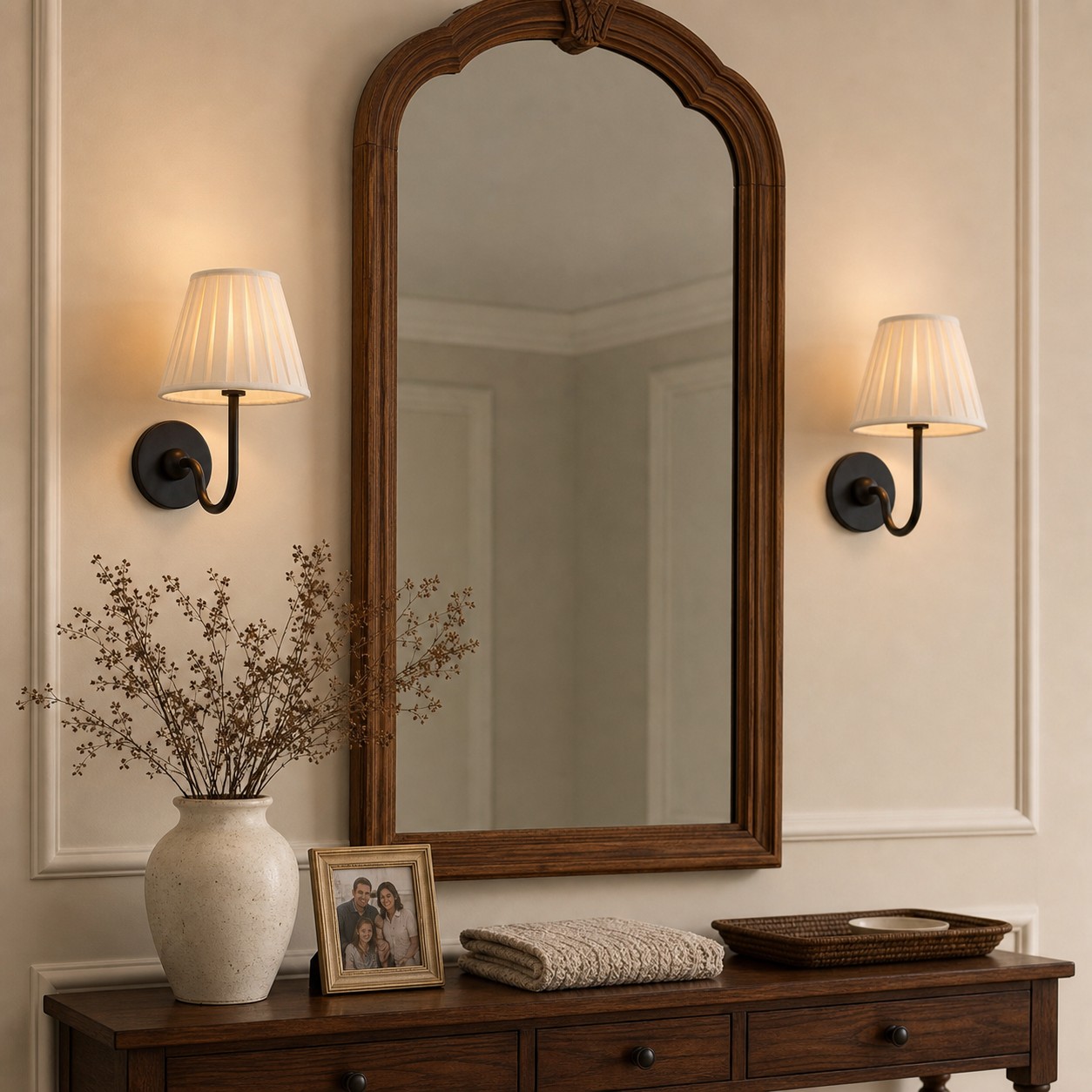 Wall lamps beside mirror
