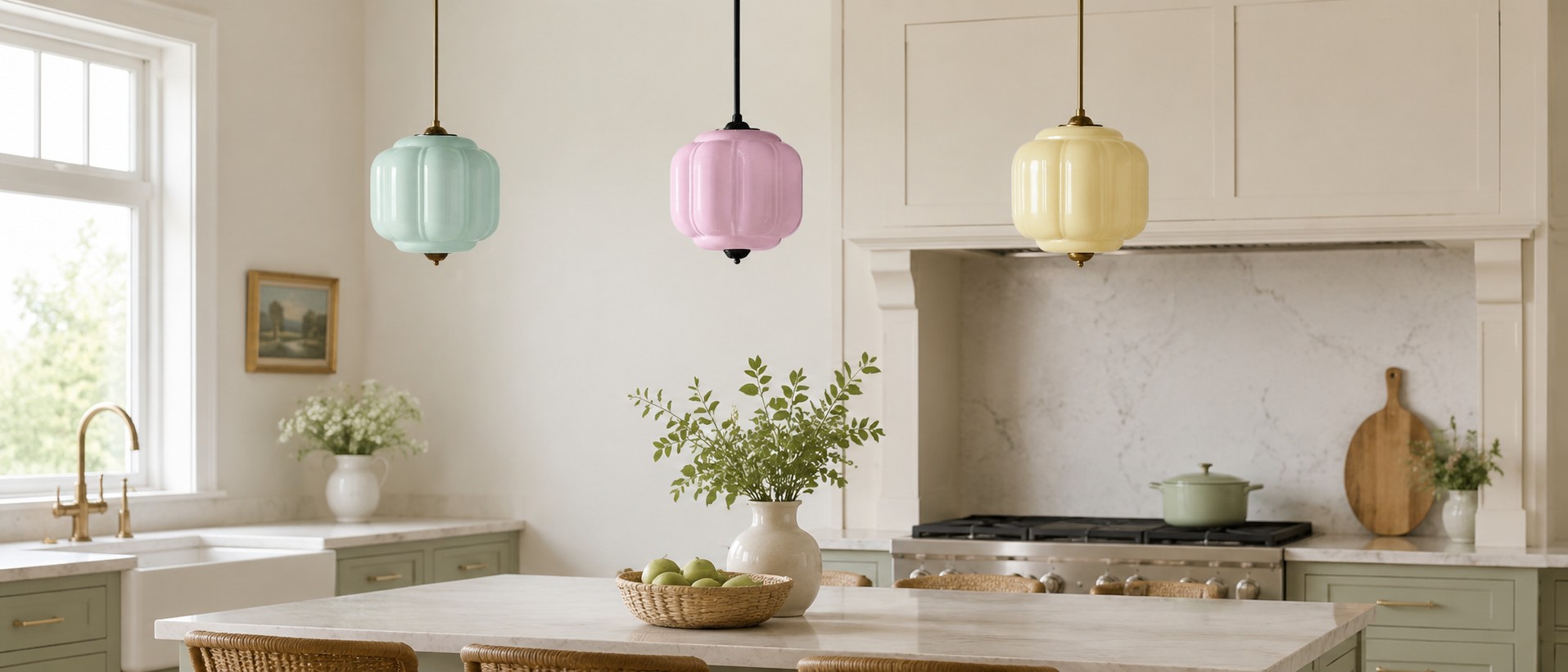 Eloise milk glass hanging light in a warm room scene