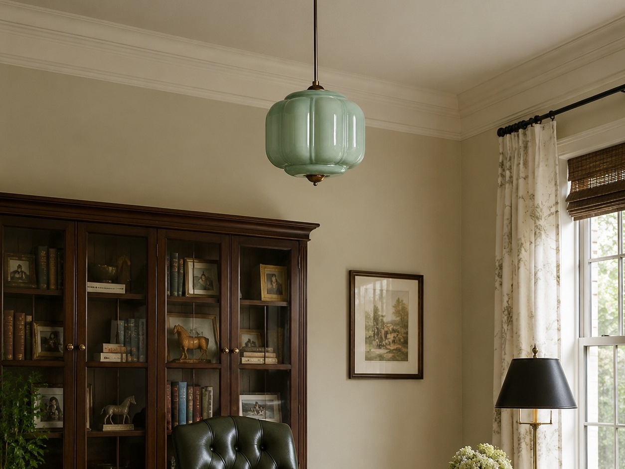 Green Eloise hanging light in a reading room