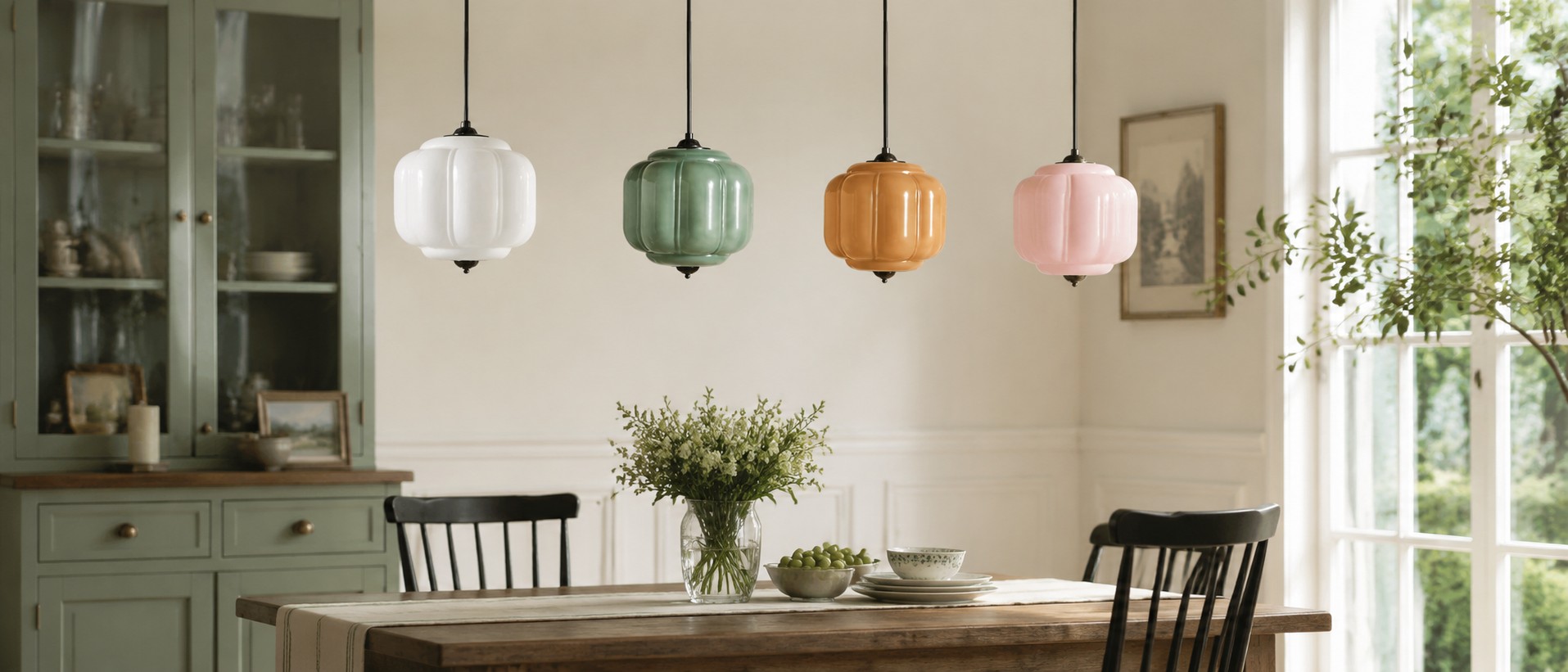 Eloise milk glass hanging lights above a dining table