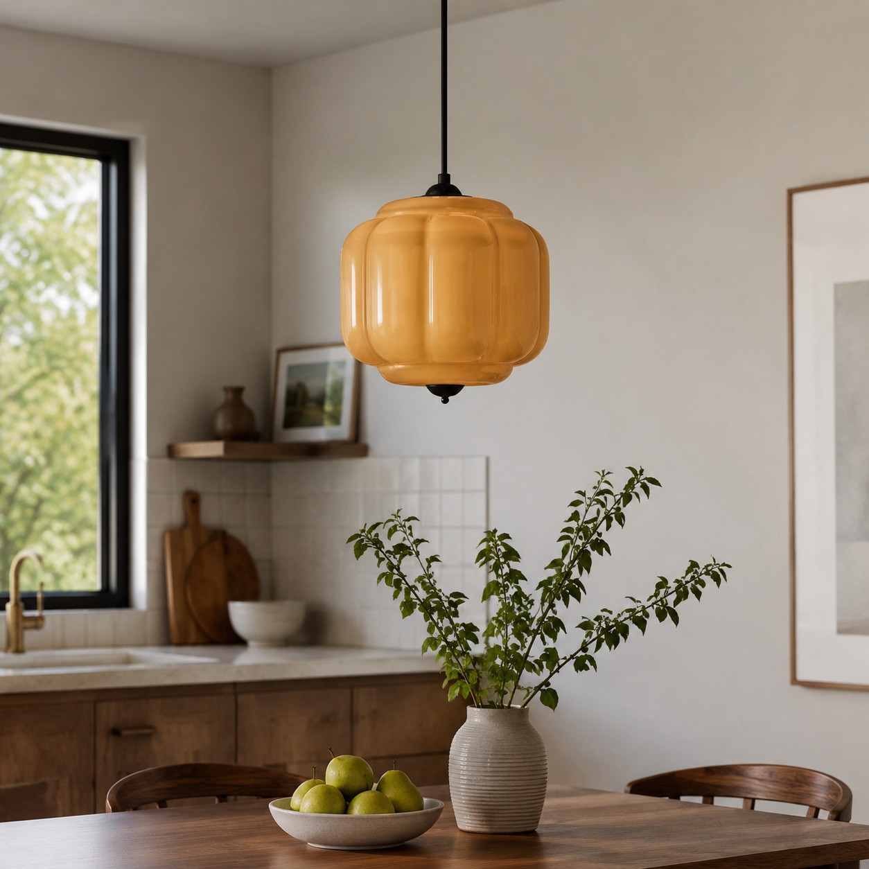 Orange Eloise pendant over a dining table