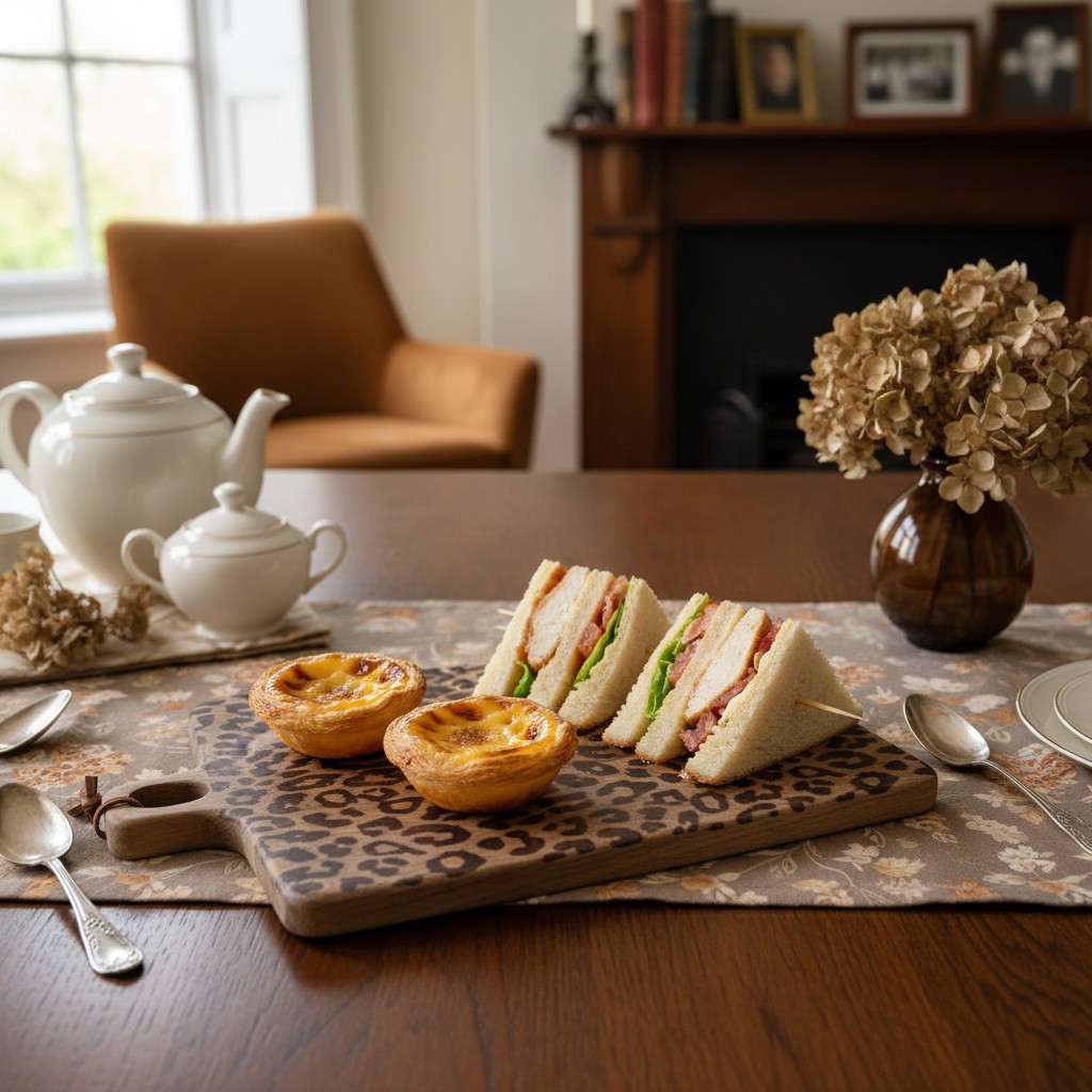 Small square leopard print serving board with sandwiches and pastries