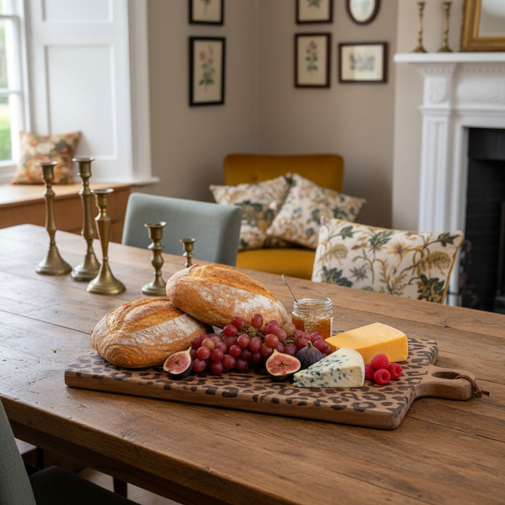 Large square leopard print serving board with bread and fruit
