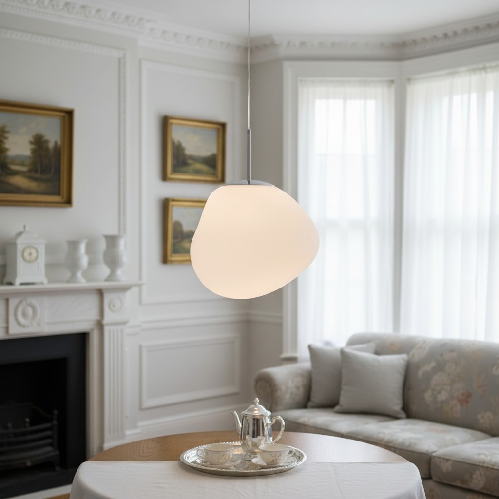 Soft glowing white pendant light in lounge