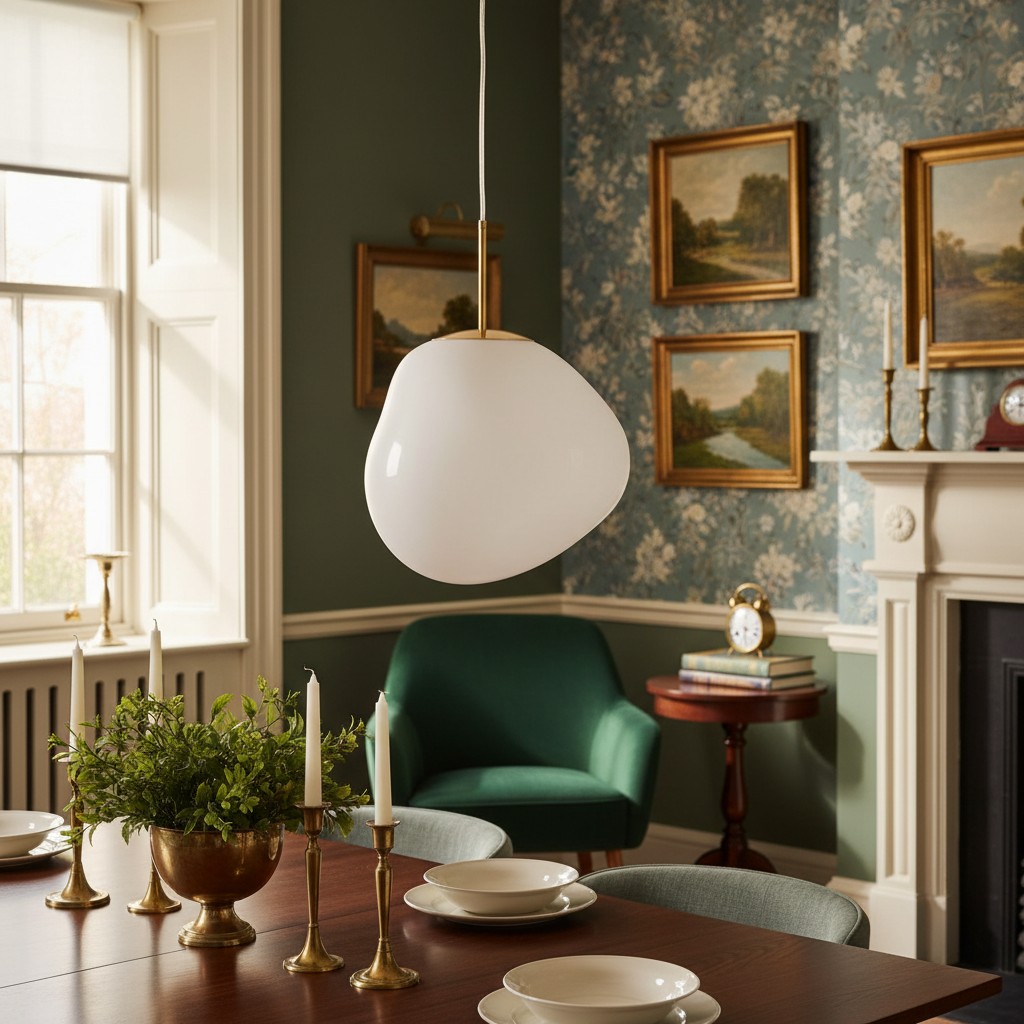 White pendant over dining room table