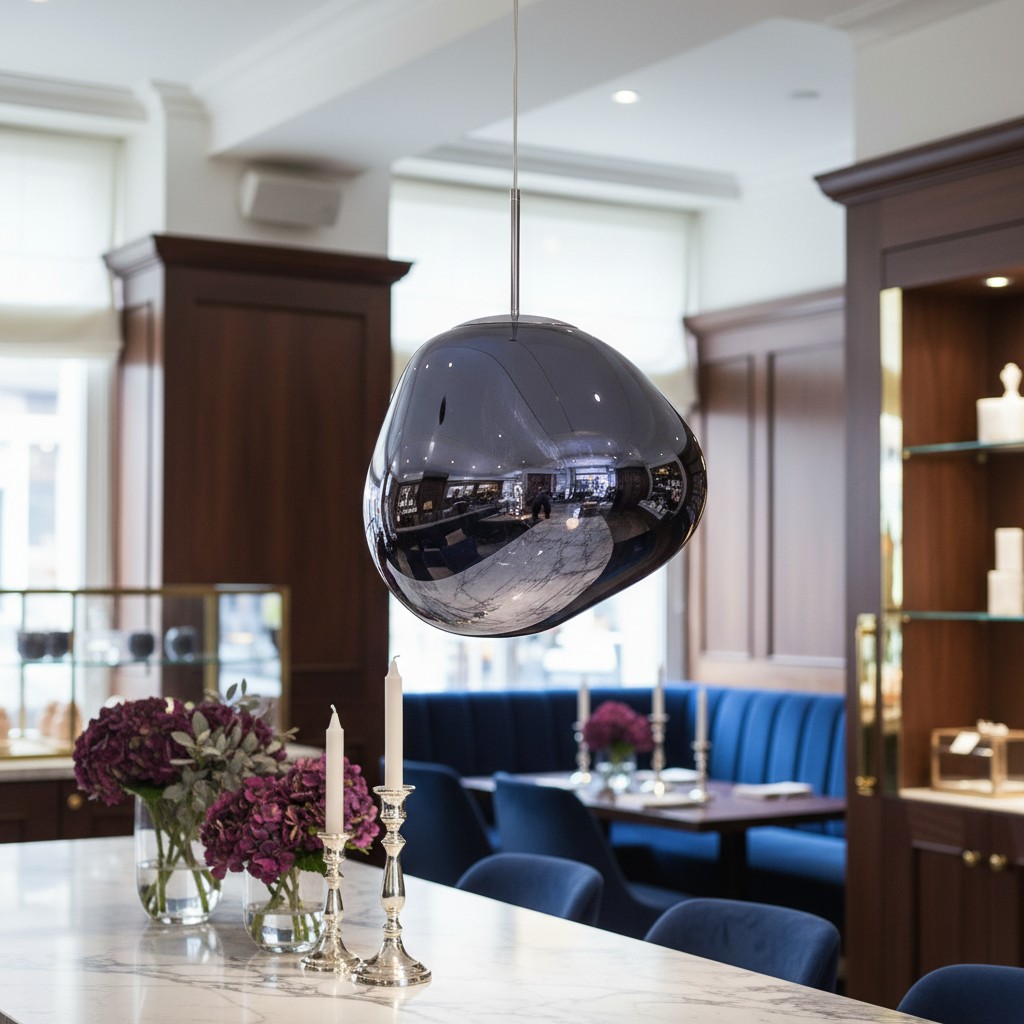 Smoky gray melt pendant over dining area