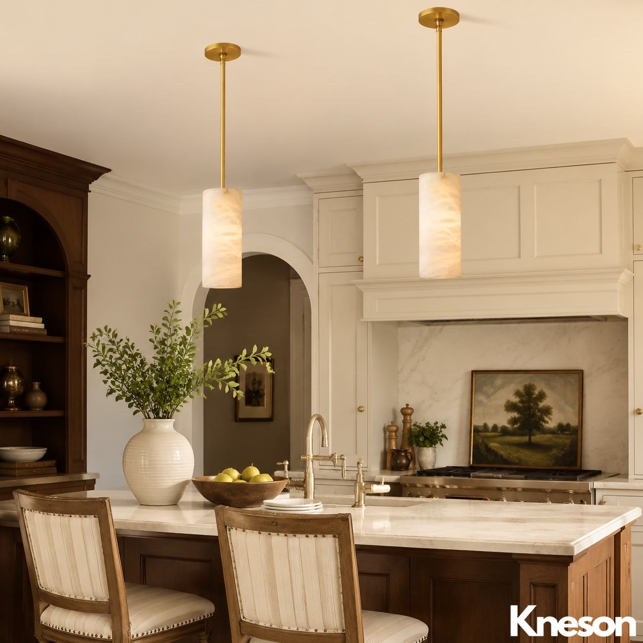 Alabaster cylinder pendant above a kitchen island