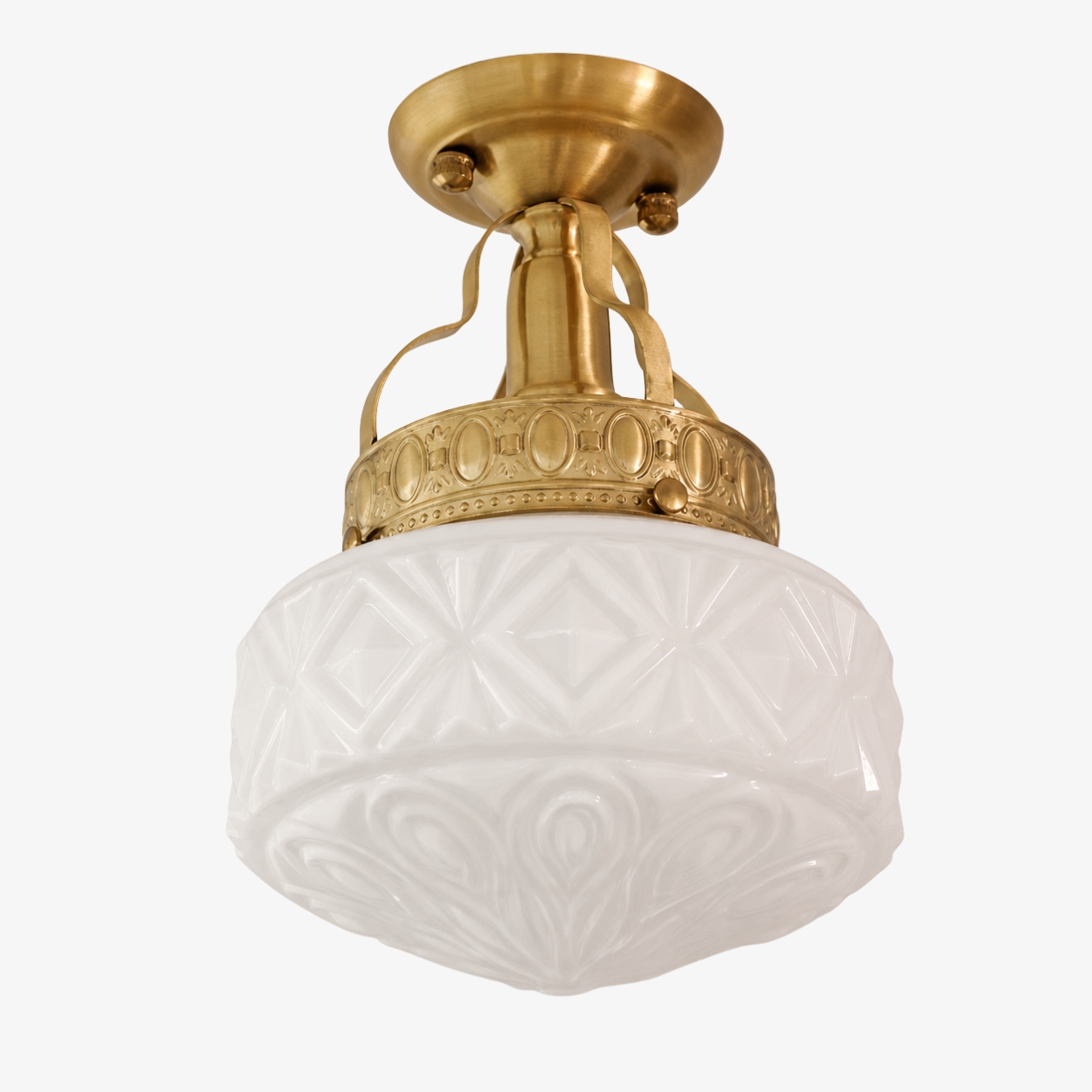 Cream White embossed glass Art Deco ceiling light with brass finish