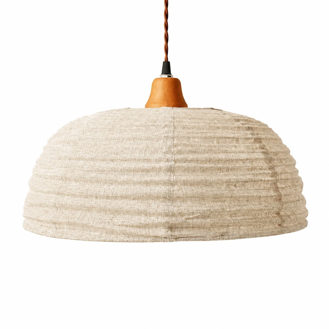 Handwoven hemp fabric dome pendant light on a white background