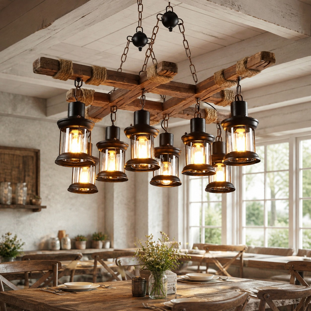 Rustic Wood Beam and Rope 8-Light Chandelier detail image 2