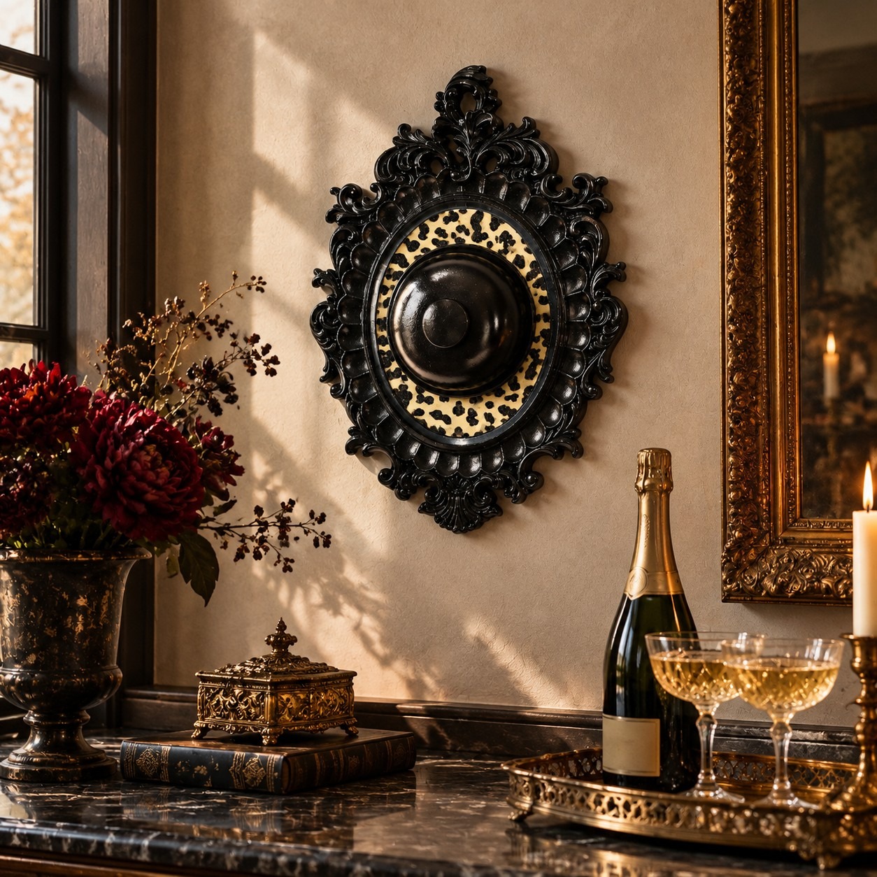 Black leopard wall bell in an evening room