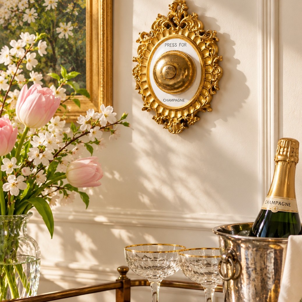 Gilt ivory wall bell by a mirror