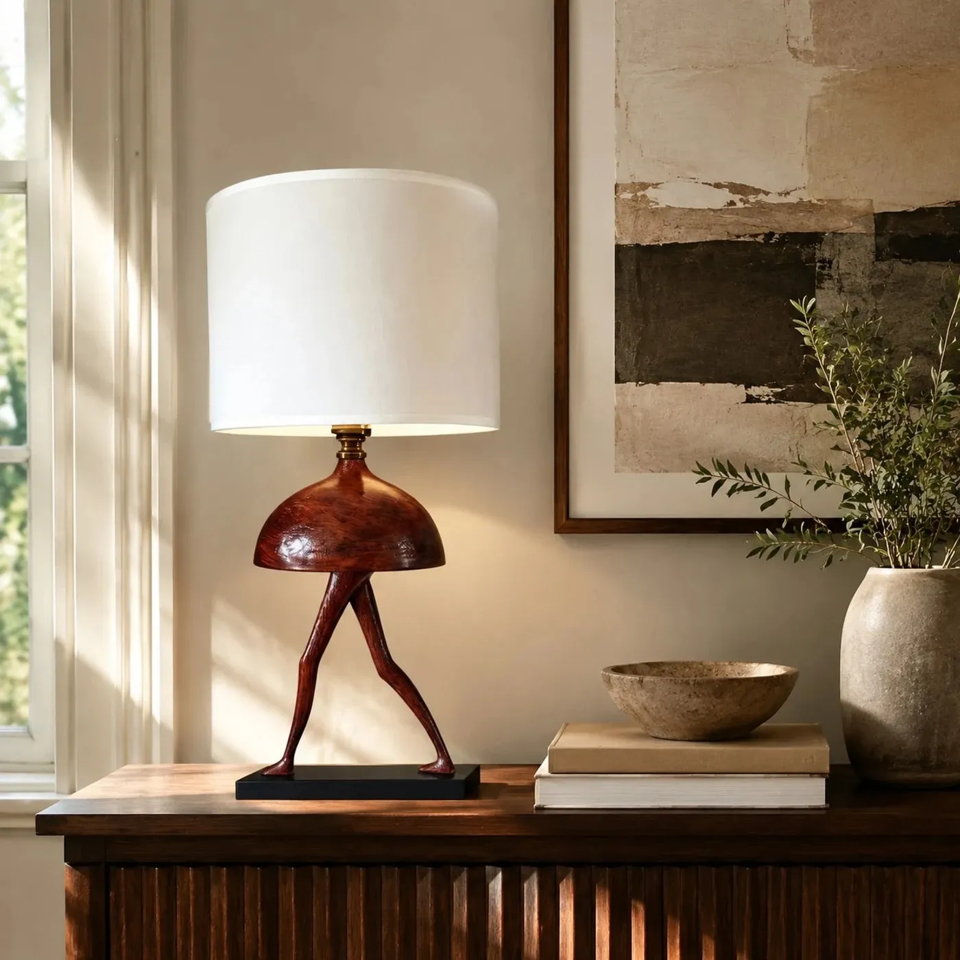 Table lamp on cabinet