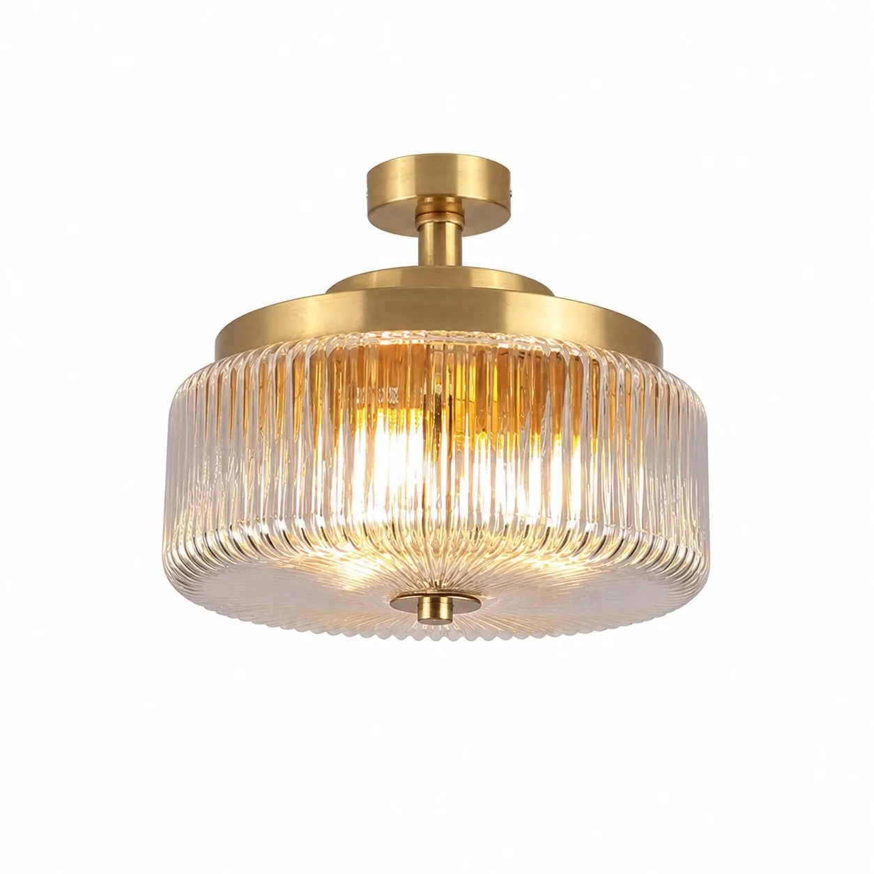 Natural brass flush mount ribbed glass ceiling lamp