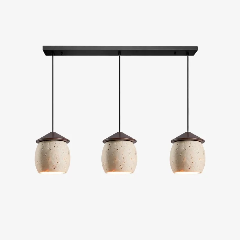 Three-light beige travertine linear pendant on white background