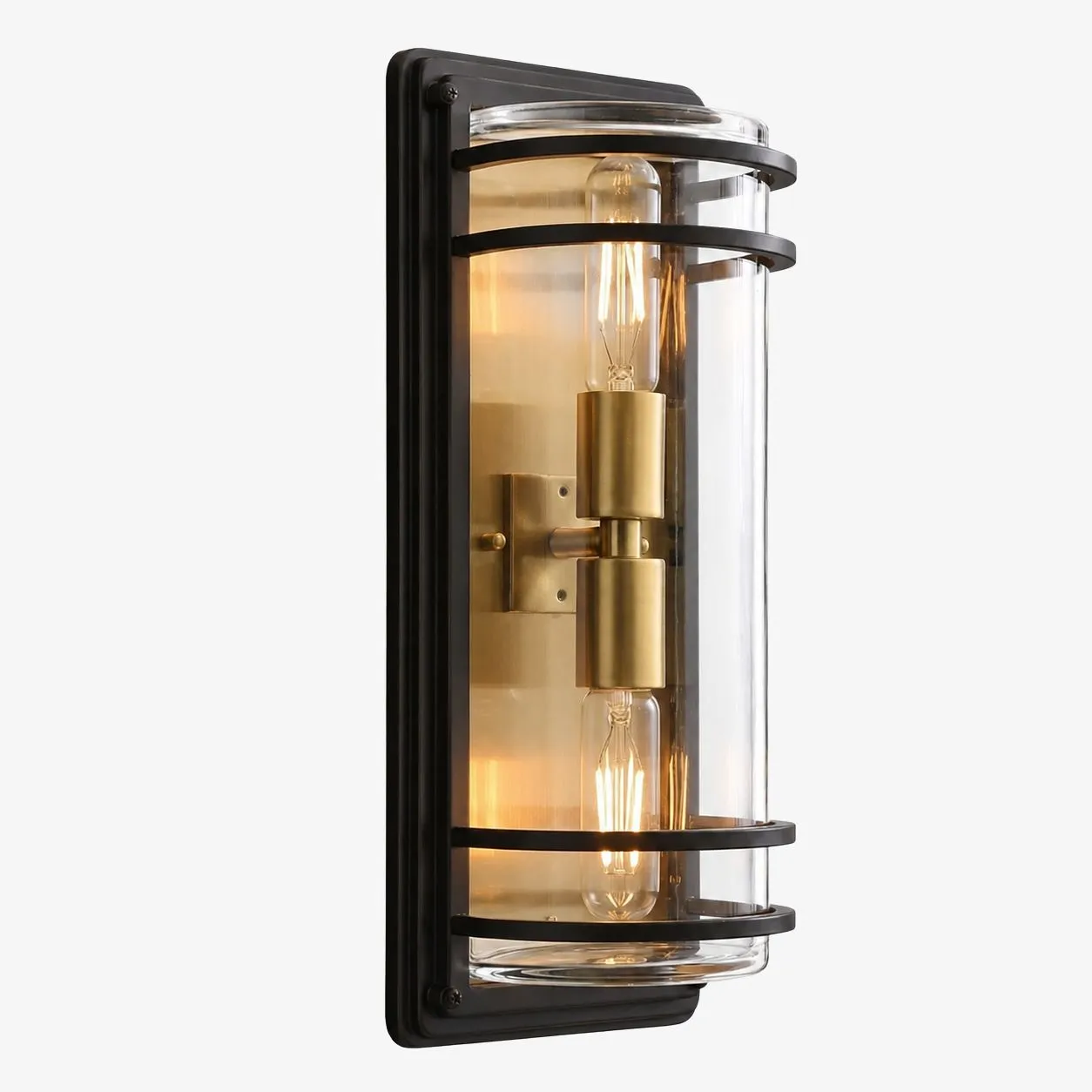 Medium bronze glass outdoor wall sconce with cage frame