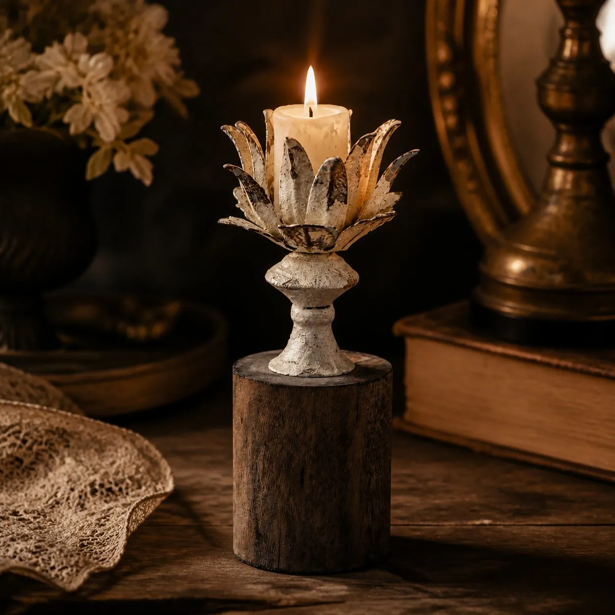 Short lotus bloom candle holder styled with a candle